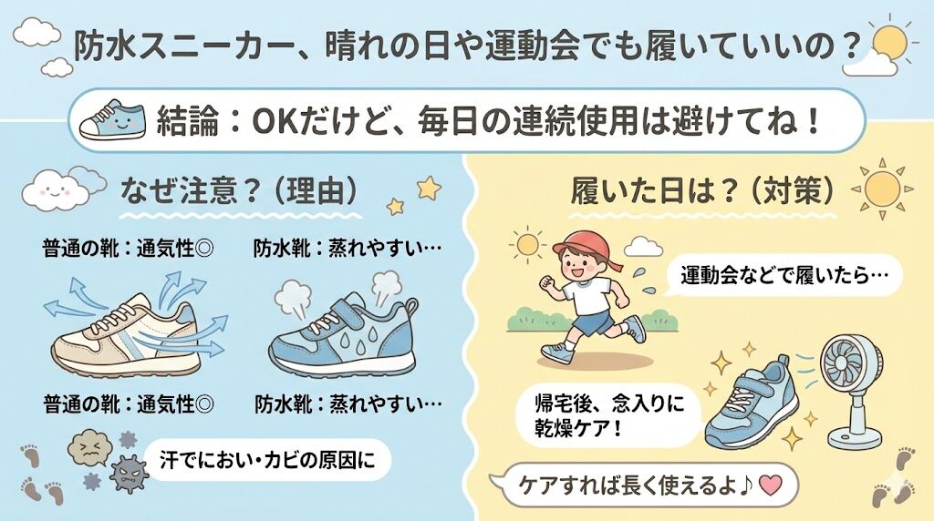 防水スニーカーは晴れの日でも履けますが、毎日の連続使用は避けたほうが無難