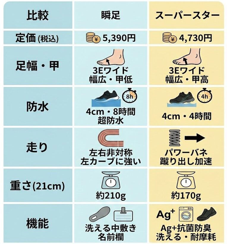 瞬足とスーパースターの幅広3Eキッズ防水スニーカー比較表