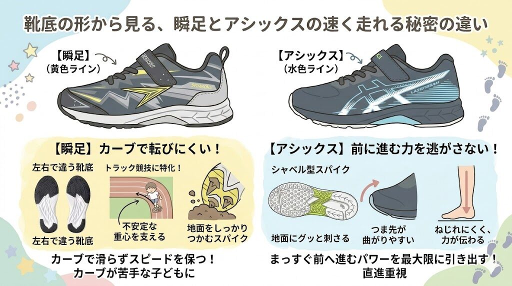 靴底の形から見る、瞬足とアシックスの速く走れる秘密の違い