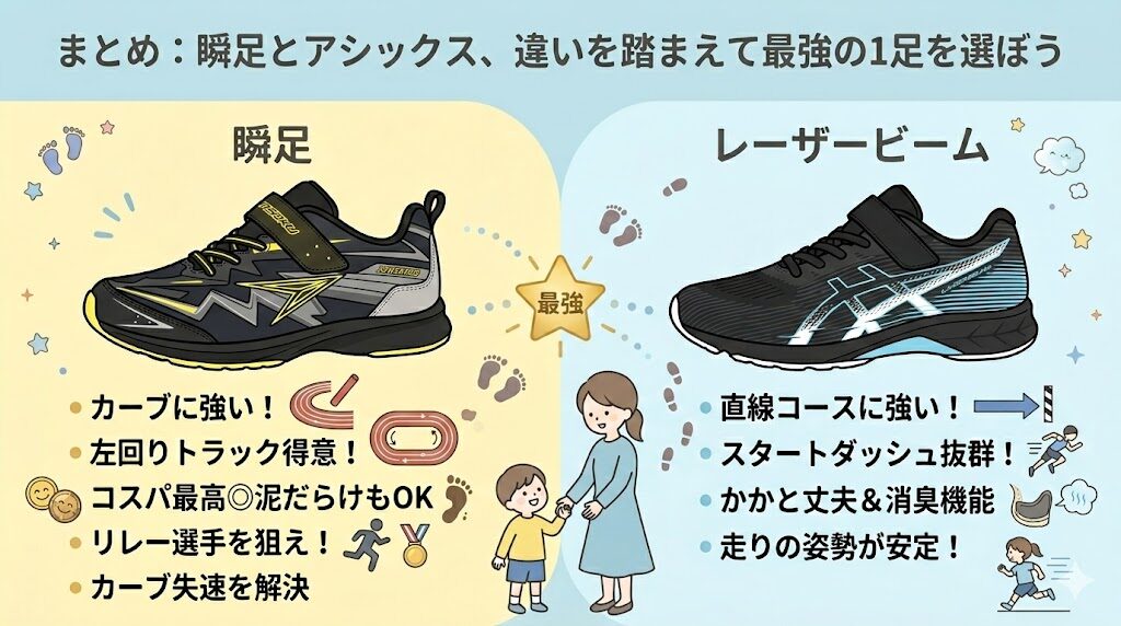 まとめ:瞬足とアシックス、違いを踏まえて最強の1足を選ぼう