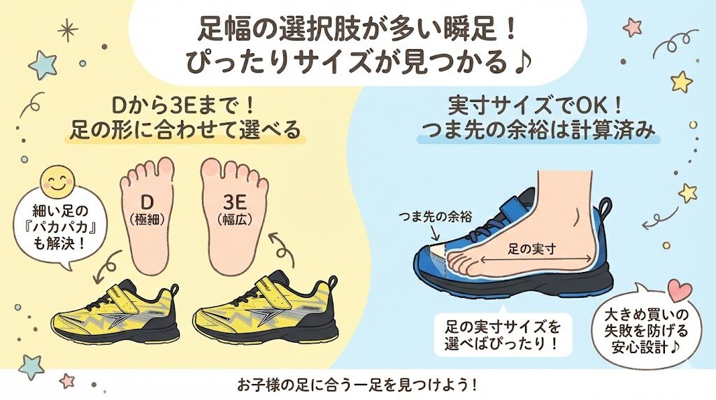 瞬足のサイズ感:足幅の選択肢が多い