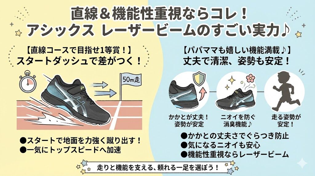 直線コースに強く、かかとの丈夫さなど機能性を重視するならアシックス