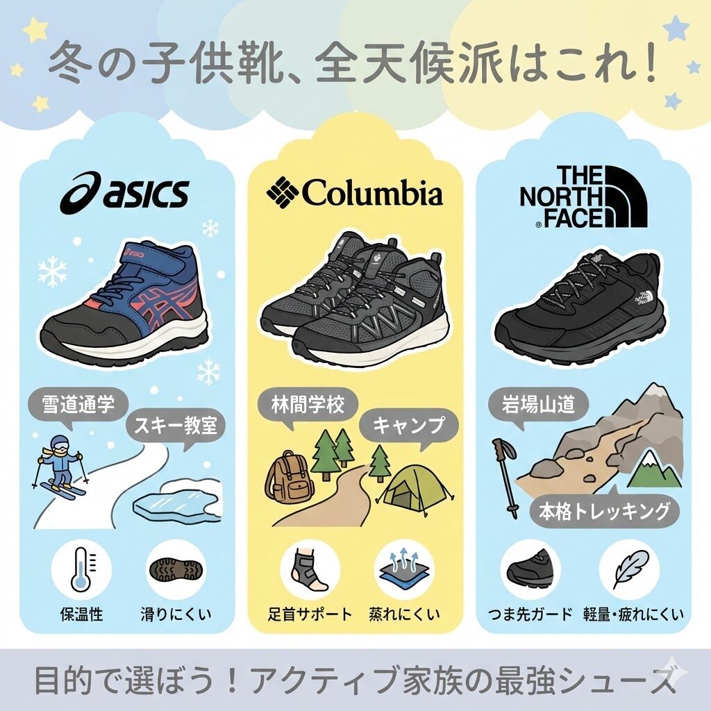 冬場の雨や雪、アウトドアも視野に入れた「全天候派」にはアシックス、コロンビア、ノースフェイス