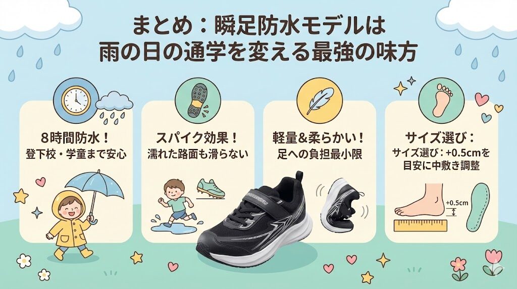 まとめ:瞬足防水モデルは雨の日の通学を変える最強の味方