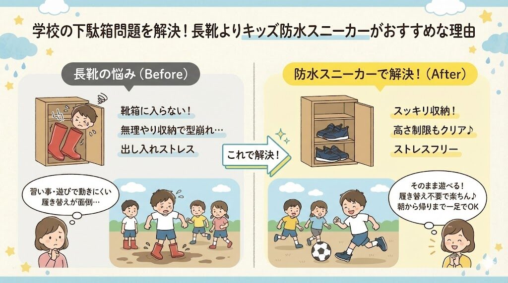 学校の下駄箱問題を解決！長靴よりキッズ防水スニーカーがおすすめな理由