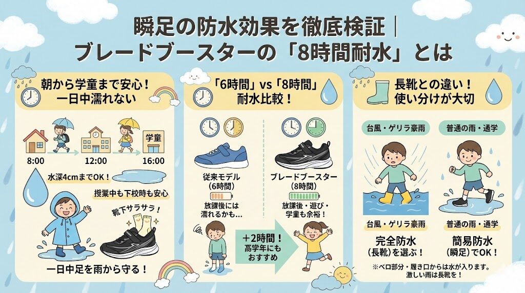 瞬足の防水効果を徹底検証|ブレードブースターの「8時間耐水」とは