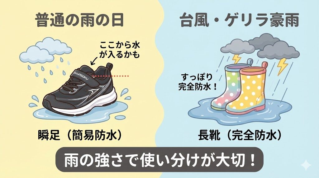 瞬足防水ブレードブースターは完全防水の長靴とはどう違う?台風やゲリラ豪雨での限界ライン