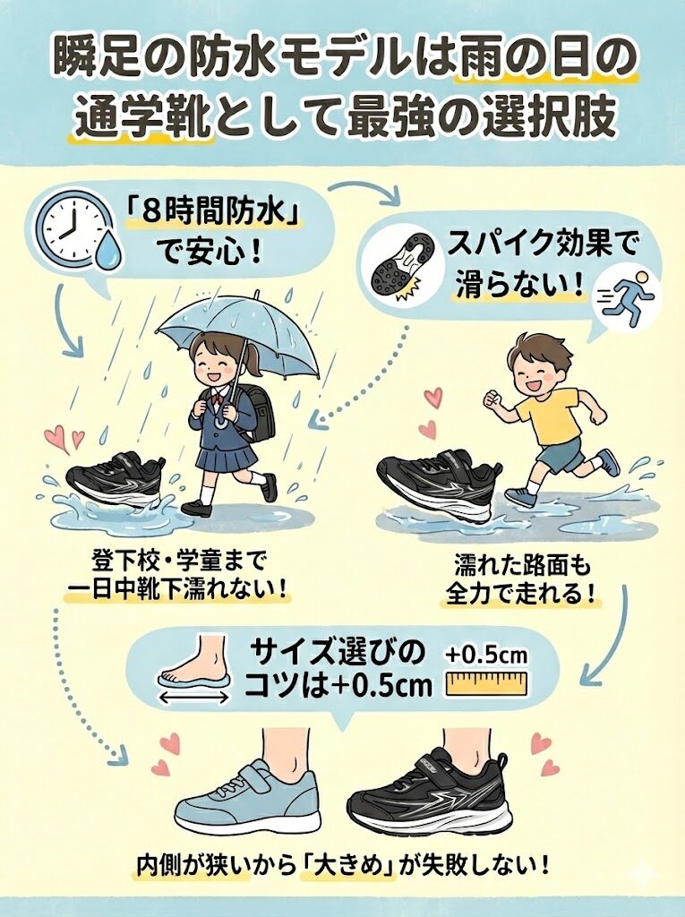 瞬足の防水モデルブレードブースターは「雨の日の通学靴」として最強の選択肢