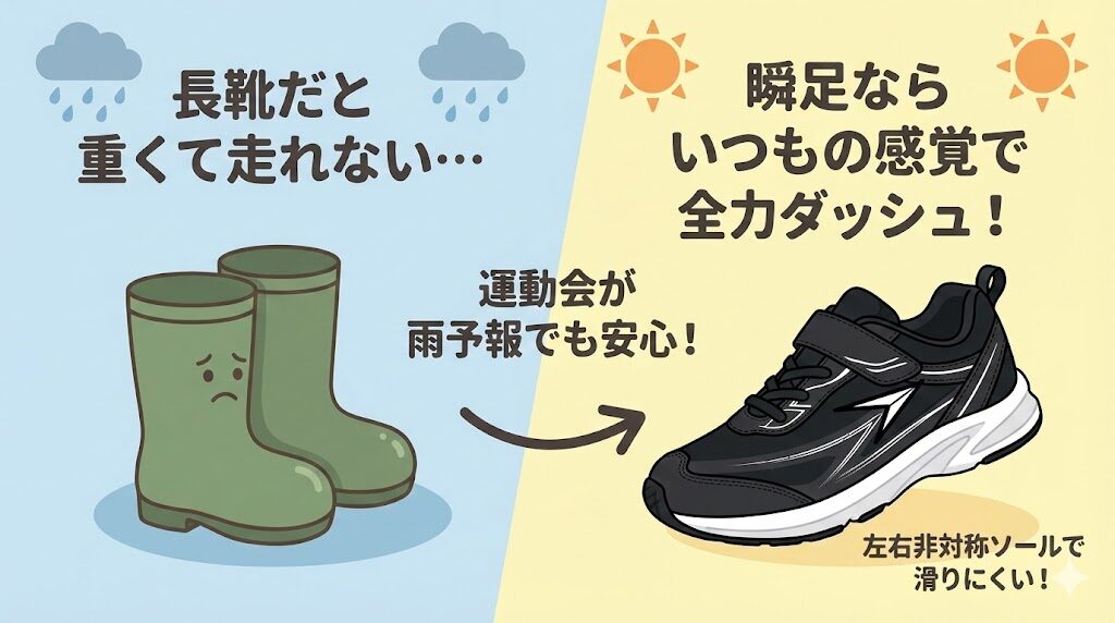 長靴だと走れないけど瞬足なら走れる!運動会が雨予報の時の救世主