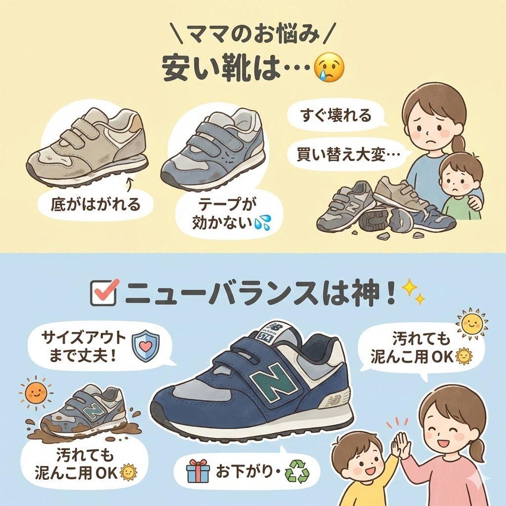 キッズ（PV574）の場合：安い靴はこわれるけど、ニューバランスは丈夫