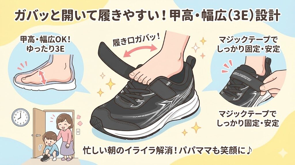 瞬足防水ブレードブースターはガバッと開いて履きやすい!甲高・幅広(3E)の子に嬉しい設計