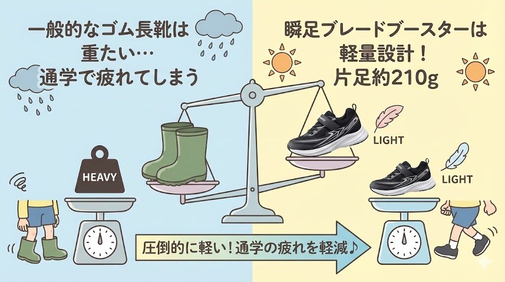 瞬足防水ブレードブースターは長靴より圧倒的に軽い!通学の疲れを軽減する軽量設計