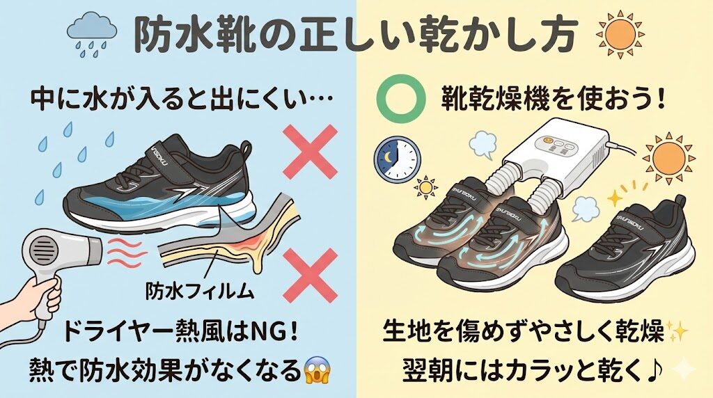 中に水が入ると乾かない?ドライヤーNGな防水靴の正しい乾かし方