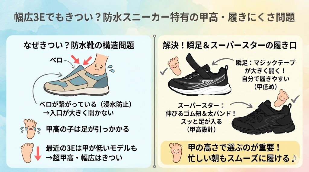 幅広３Eでもきつい？防水スニーカー特有の甲高・履きにくさ問題