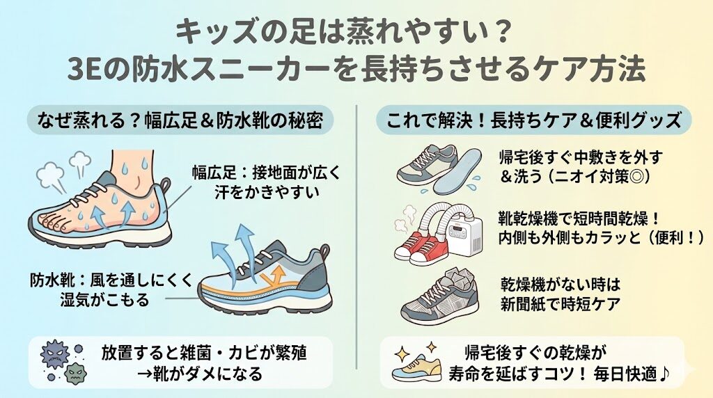 キッズの足は蒸れやすい？３Eの防水スニーカーを長持ちさせるケア方法