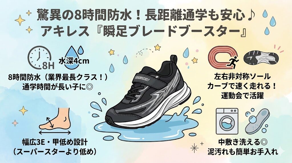 【アキレス】瞬足（ブレードブースター）｜驚異の8時間防水で通学時間が長い子に最適