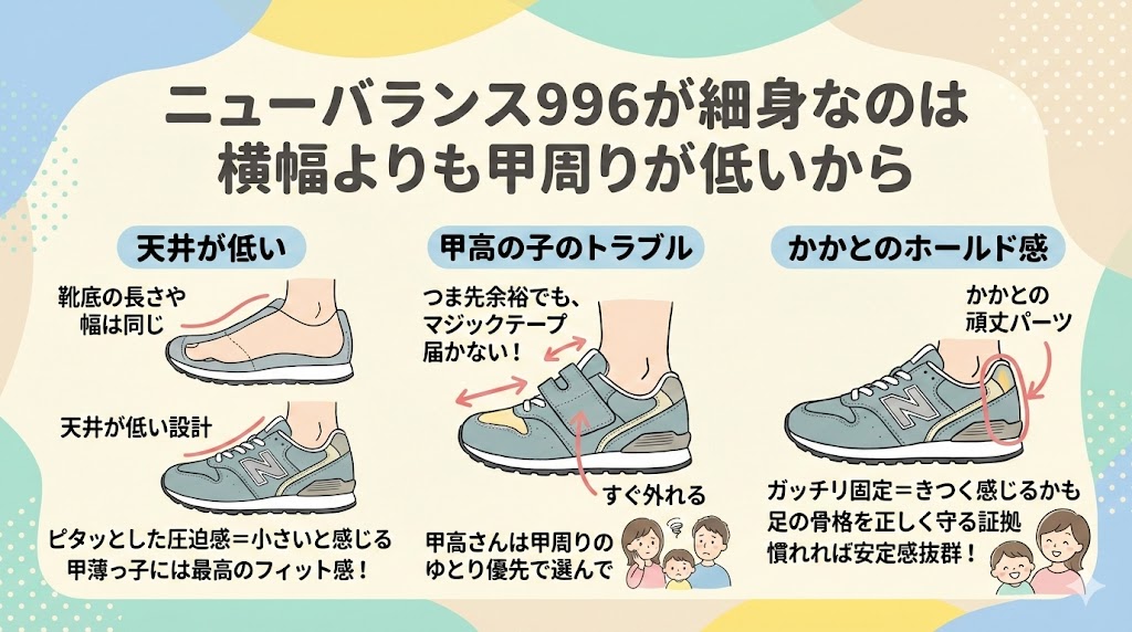 ニューバランス996が細身なのは横幅よりも甲周りが低いから