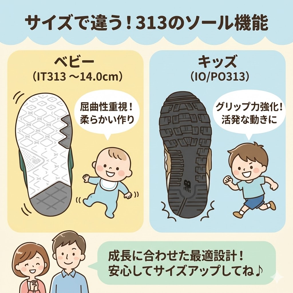 ベビー（IT）とキッズ（IO/PO）ではソールの機能が違うので要注意