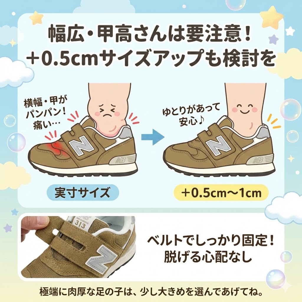 幅広・甲高足は横幅を取られるため＋0.5cmサイズアップも検討しよう