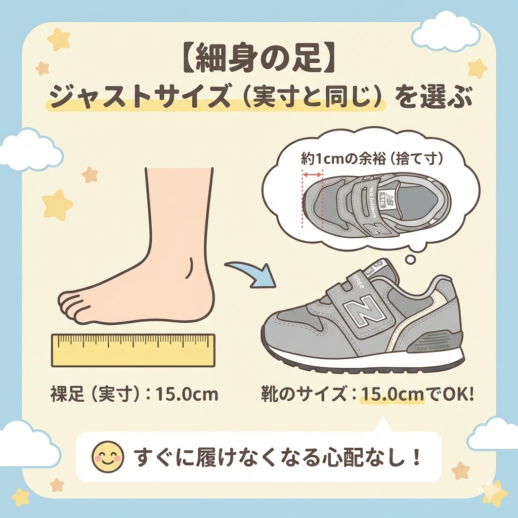 【細身の足】実寸（裸足のサイズ）と同じ「ジャストサイズ」を選ぶ