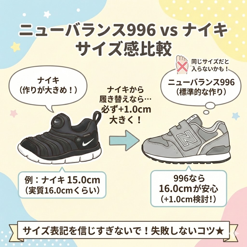 ニューバランス996対ナイキダイナモフリー：構造が違うため同じサイズだと入らない可能性大