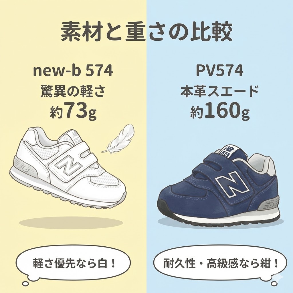 ニューバランス574：素材と重さの比較｜73gの超軽量vs本革スエードの重厚感