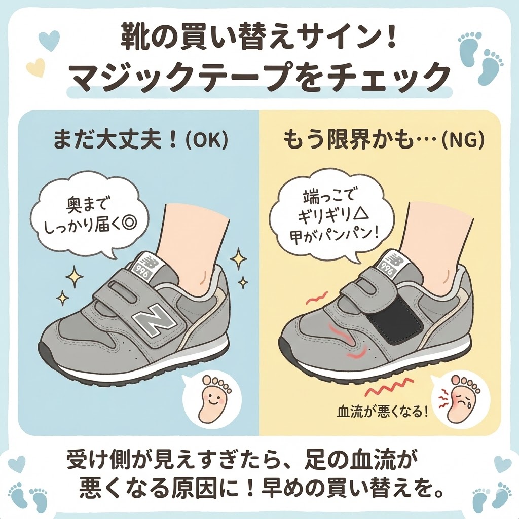 ベルトのチェック：マジックテープが「ギリギリ」でしか留まらなくなったら限界