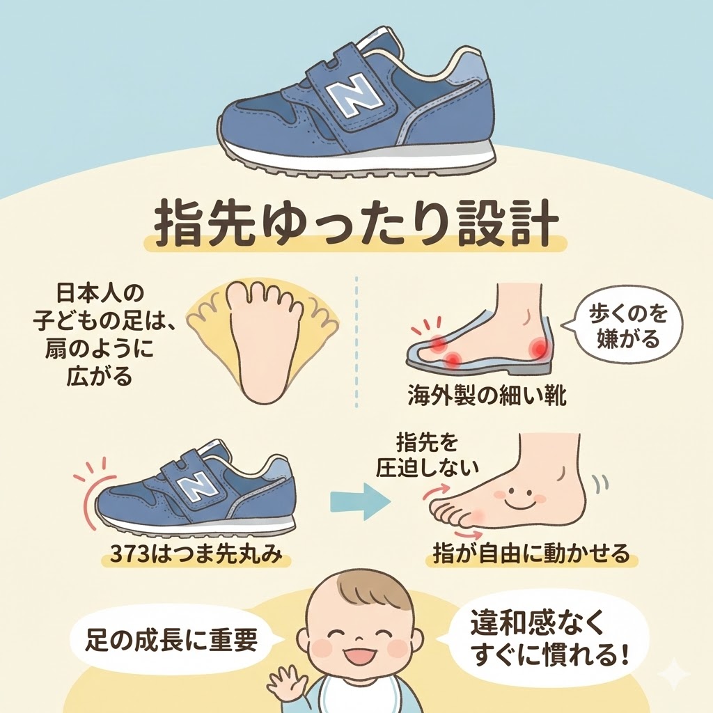 ニューバランスキッズ373は子供特有の「扇形の足」を優しく包む指先ゆったり設計