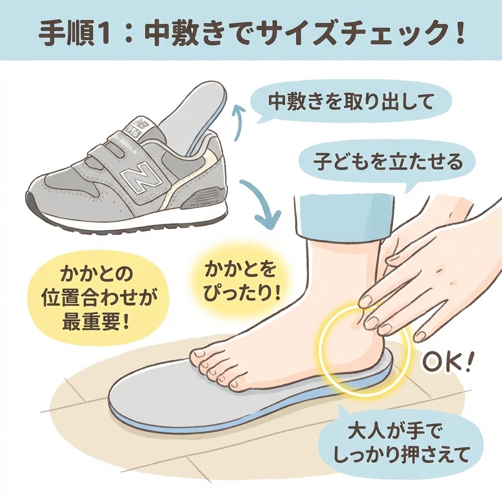 手順1：中敷きを取り出し、かかとをぴったり合わせる