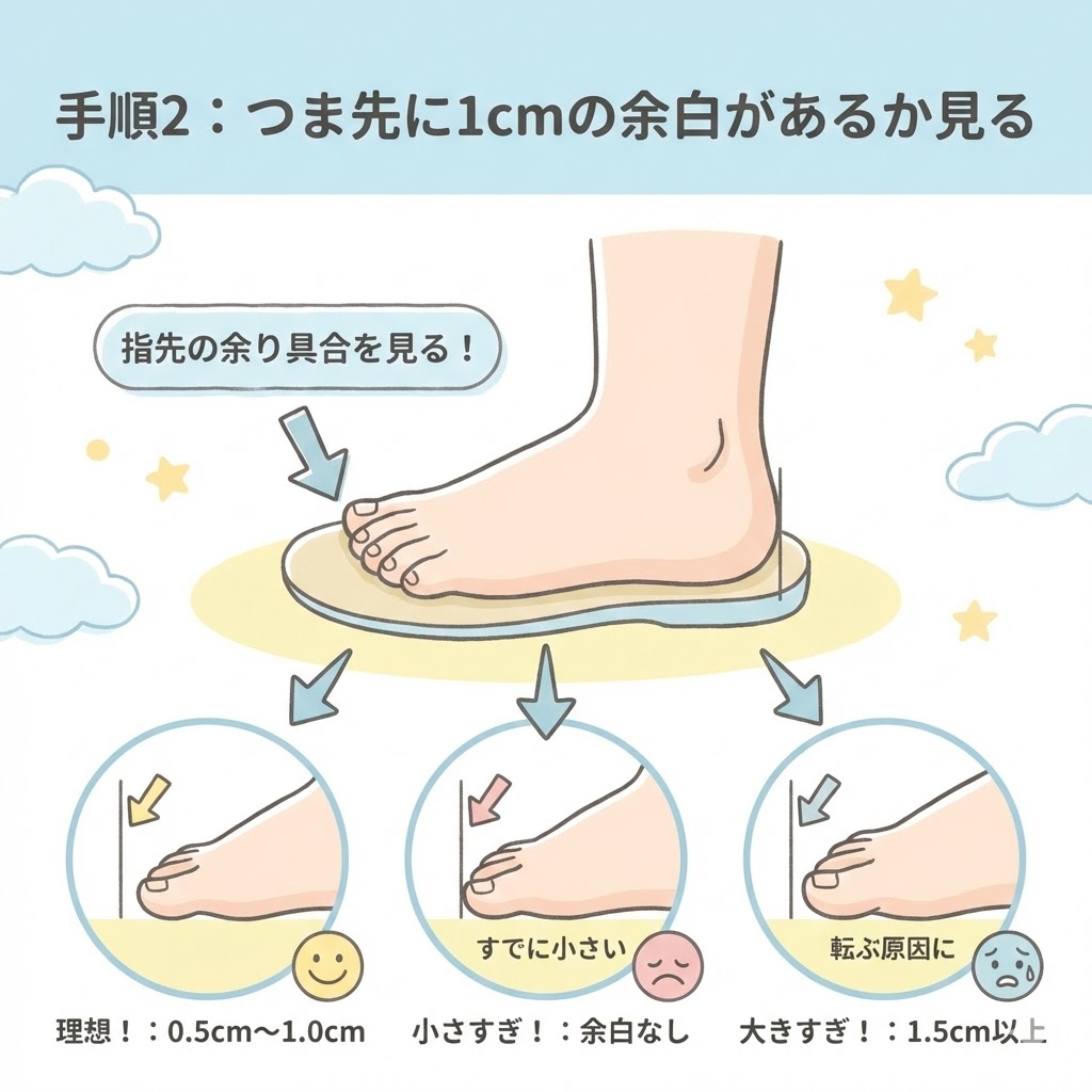 手順2：つま先に1cmの余白があるか見る