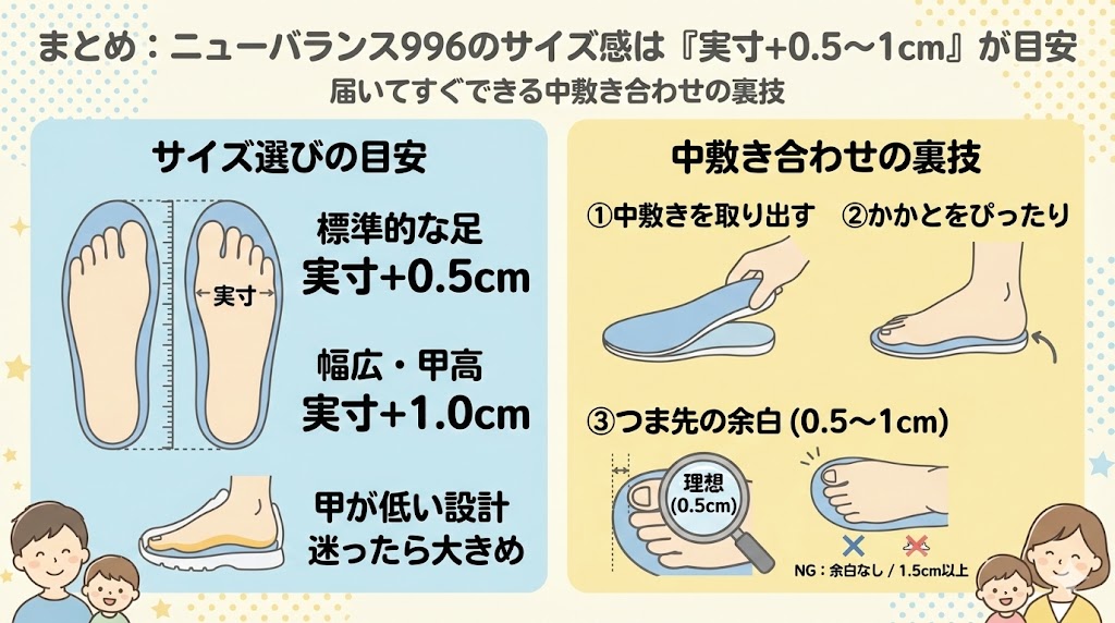 まとめ：ニューバランス996のサイズ感は「実寸＋0.5〜1cm」を目安にしよう