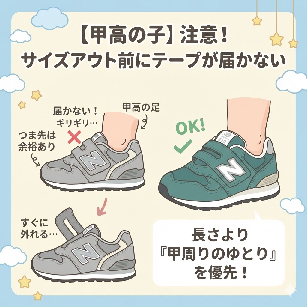 甲高の子はサイズアウト前にマジックテープが届かなくなる