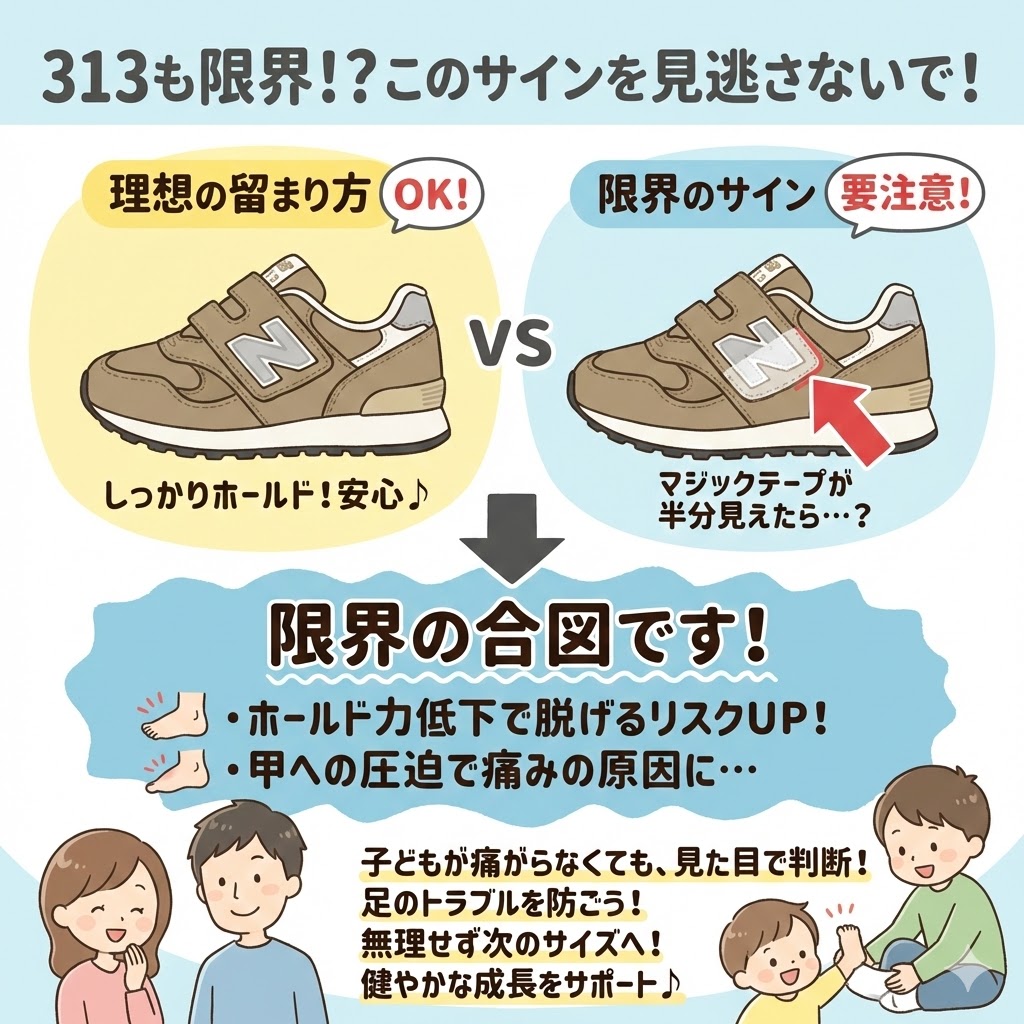 ベルトのマジックテープが半分以上見えたら、313でも限界の合図