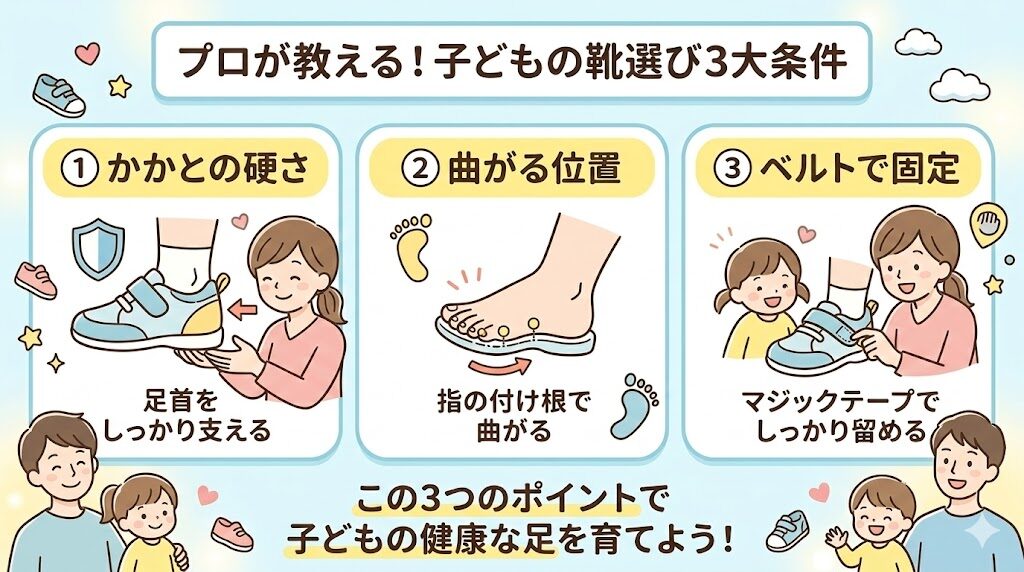 足に良くない靴を回避する方法①プロが教える良い靴の3大条件（かかとの硬さ・曲がる位置・ベルト固定）を満たすこと