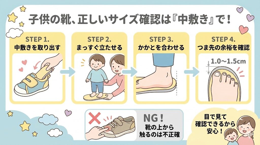 足に良くない靴を回避する方法②サイズ確認は靴を履かせず中敷きを出して行うこと