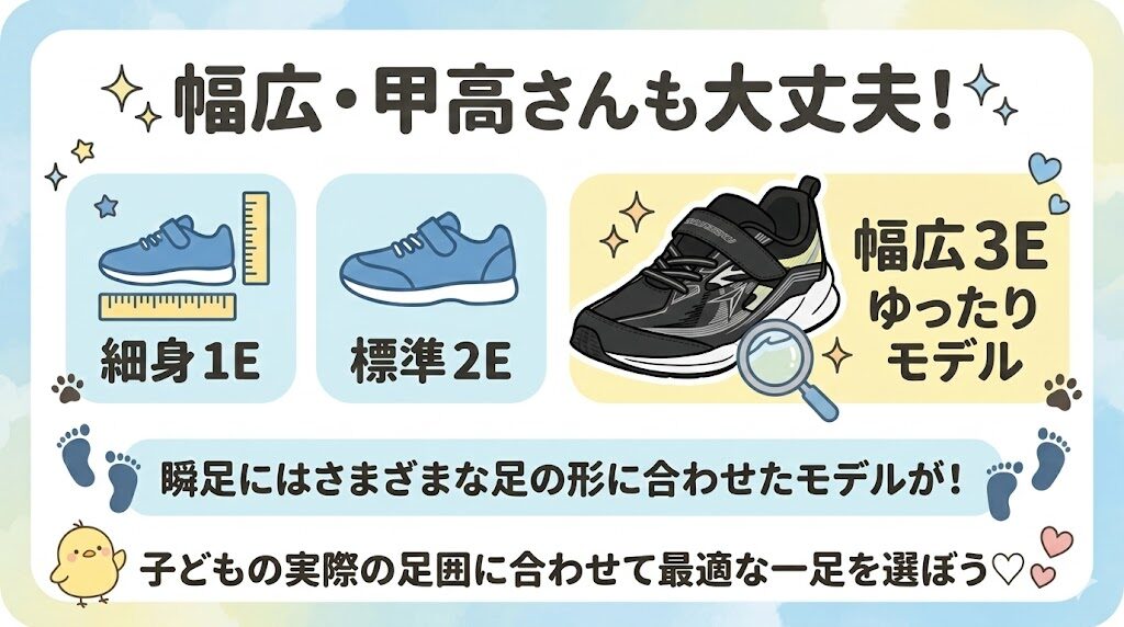 瞬足には甲高幅広にも合う3Eモデルがある