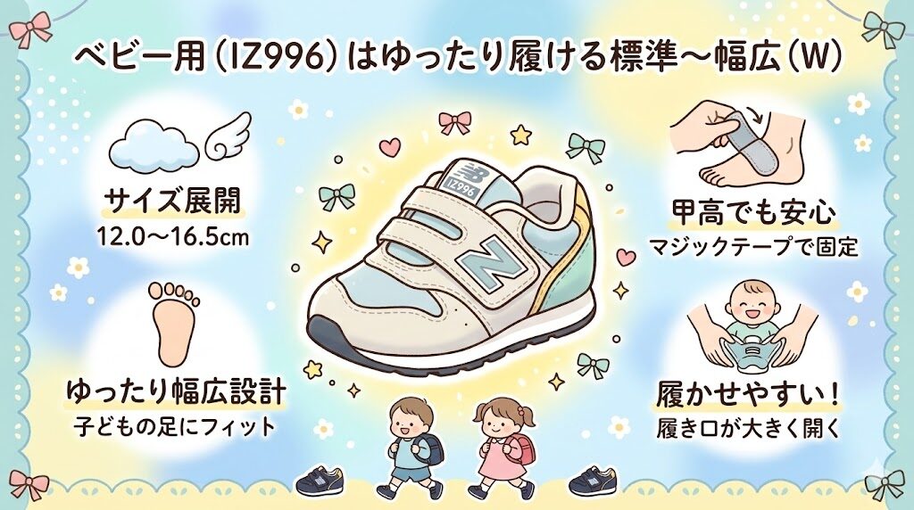 ベビー用（IZ996）はゆったり履ける標準〜幅広（W）