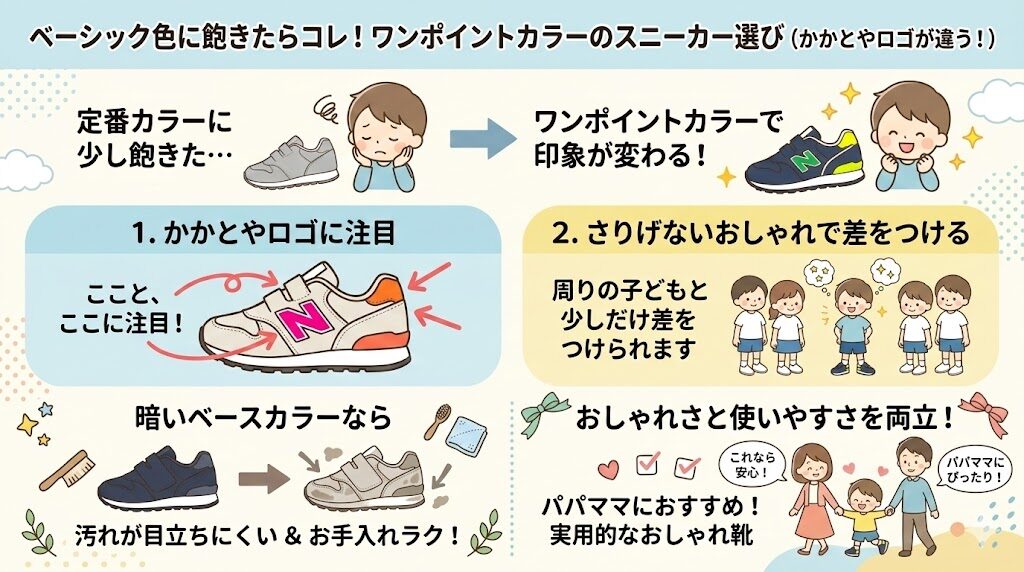 ベーシック色に飽きたらコレ！かかとやロゴの色が違うワンポイントカラー