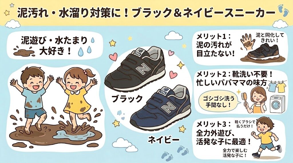 泥汚れや水溜り対策にはブラックやネイビー