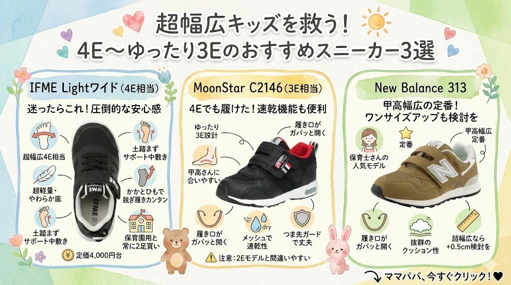 超幅広キッズを救う!4E〜ゆったり3Eのおすすめスニーカー3選