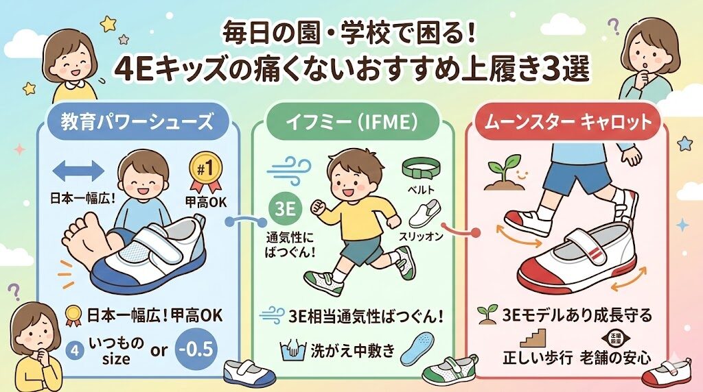毎日の園・学校で困る!4Eキッズの痛くないおすすめ上履き3選