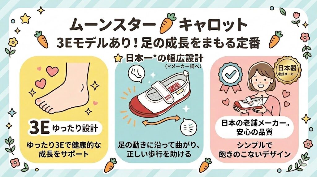 ムーンスター キャロット:3Eモデルあり!足の成長をまもる定番