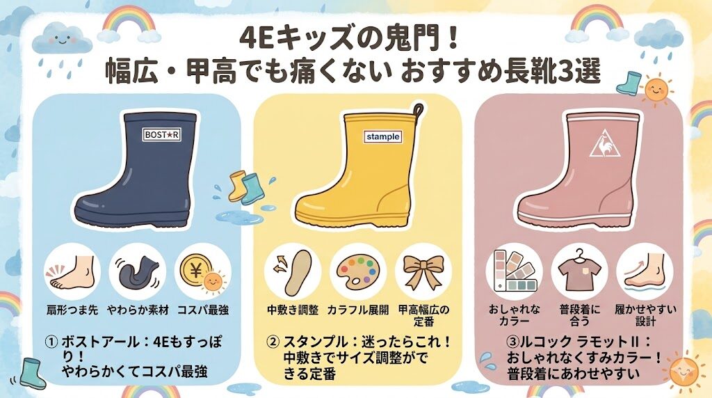 4Eキッズの鬼門!幅広・甲高でも痛くないおすすめ長靴3選