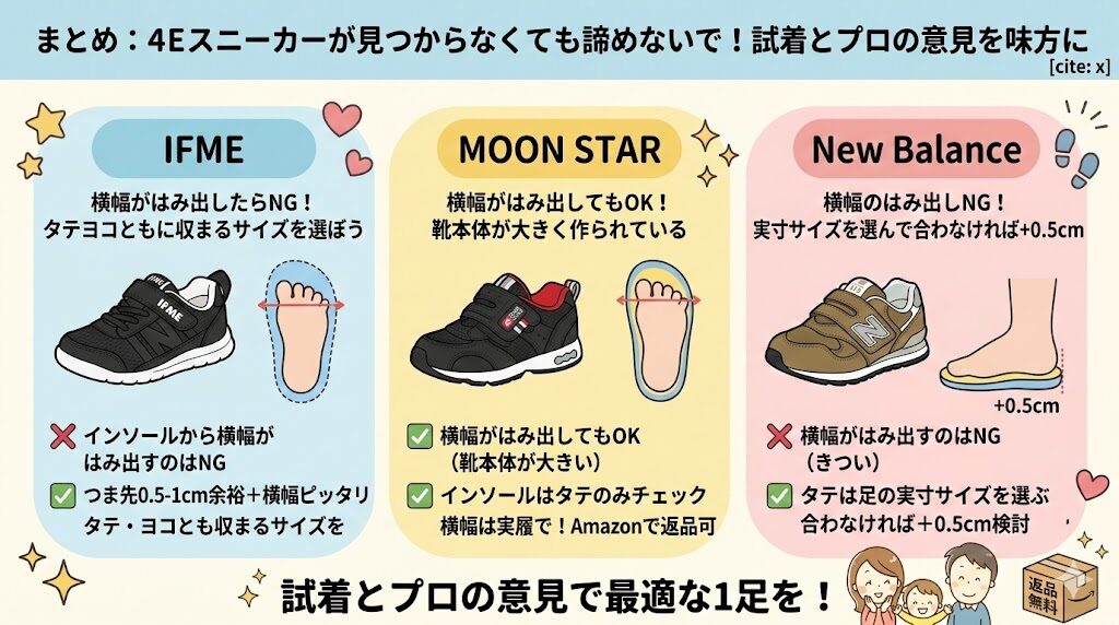 まとめ:4Eスニーカーが見つからなくても諦めないで!試着とプロの意見を味方に