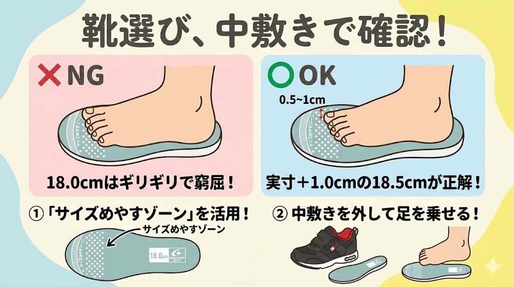 中敷きで合わせると18.0cmは窮屈!実寸+1.0cmの「18.5cm」が正解