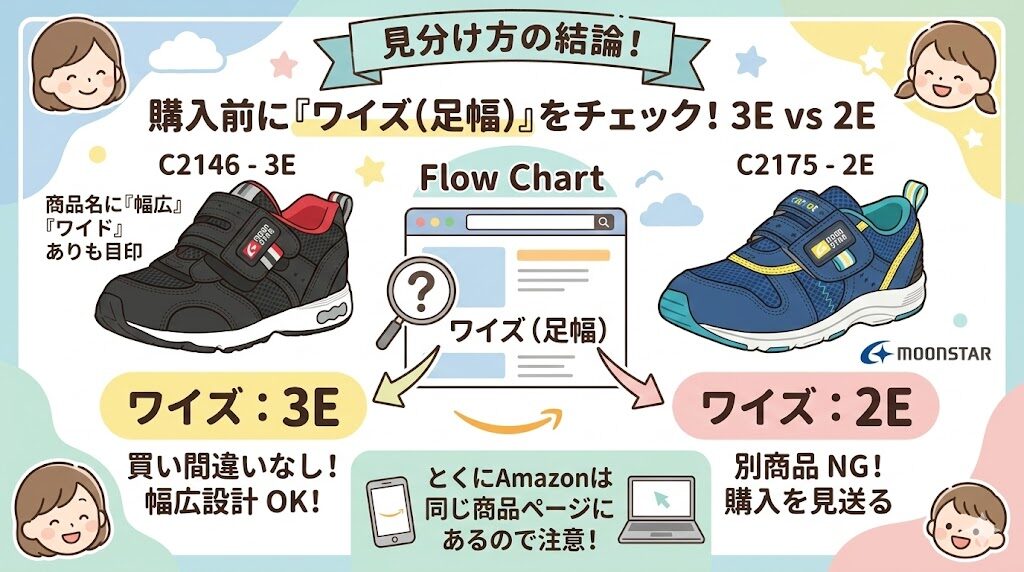 見分け方の結論!購入前に商品ページの「ワイズ(足幅)」が3Eか2Eかを必ずチェック