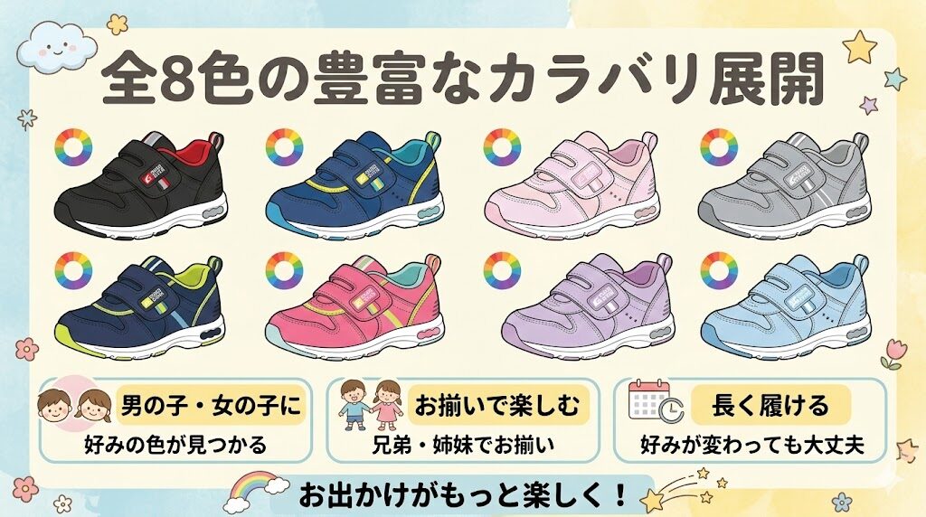 全8色の豊富なカラバリ展開で、子どもの好みにドンピシャの色が見つかる