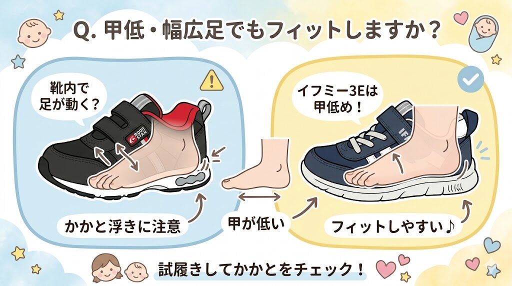 幅広で甲が低い足にはムーンスターよりイフミーがおすすめ