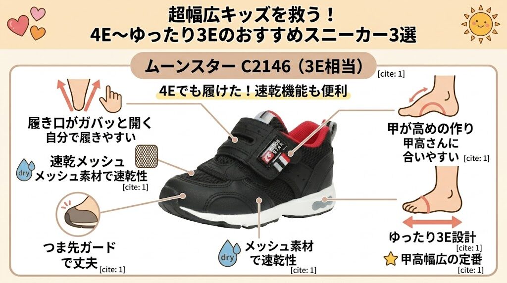 ムーンスター C2146(3E相当):4Eでも履けた!速乾機能も便利