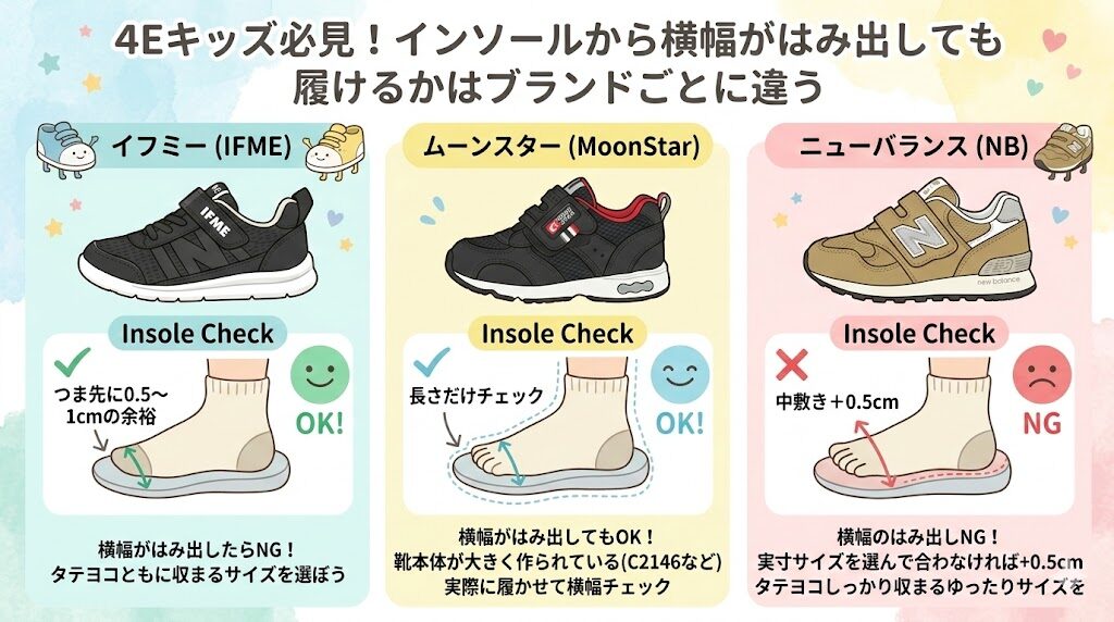4Eキッズ必見!インソールから横幅がはみ出しても履けるかはブランドごとに違う